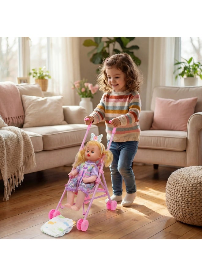 Baby Doll Stroller Playset with Accessories – Foldable Toy Buggy, Feeding Bottle & Diaper – Realistic Pretend Play Gift for Kids & Toddlers - Image 1